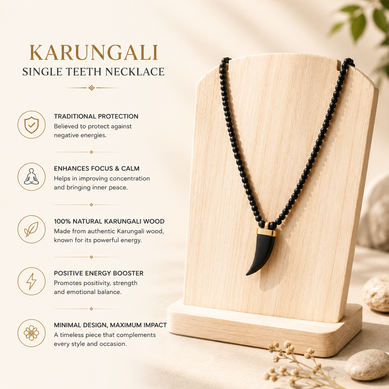 Karungali Teeth Necklace for Men & Women | Natural Ebony Wood Pendant
