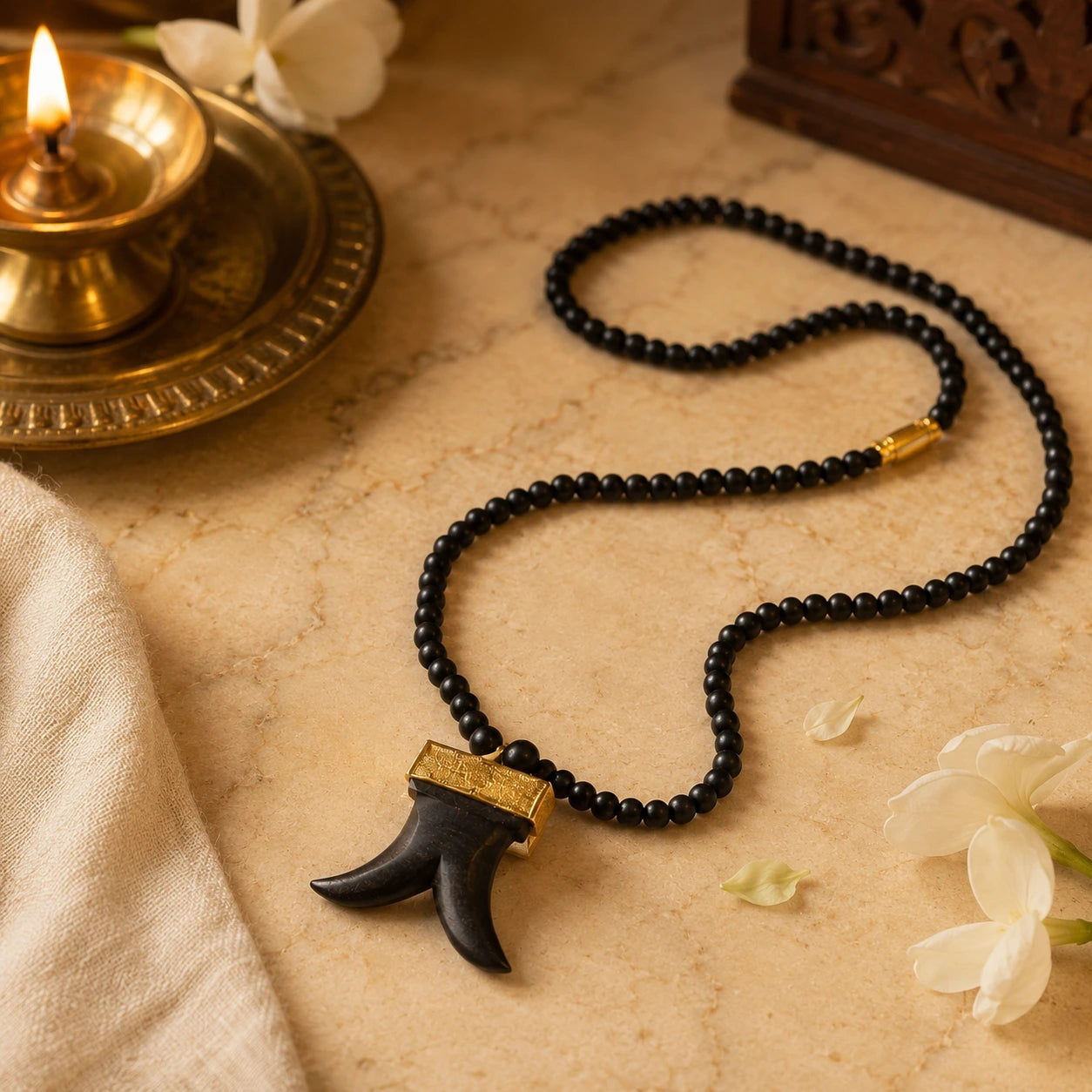 Karungali Malai with Dual Tiger Teeth Pendant