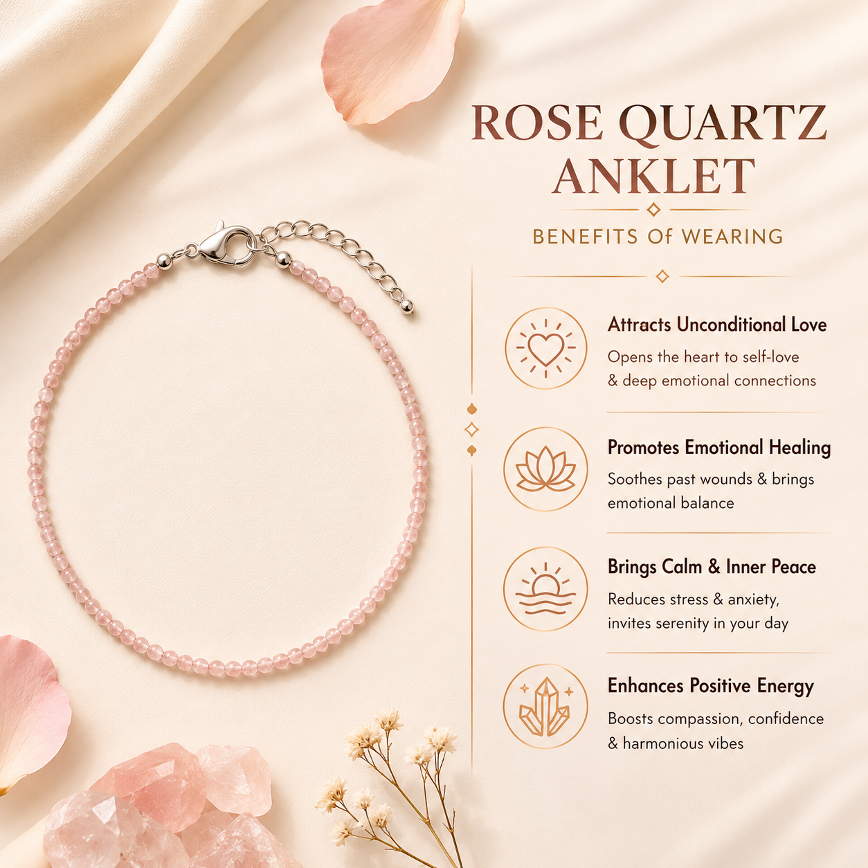 Natural Rose Quartz Anklet | Stone of Love & Inner Peace