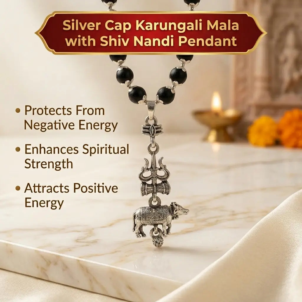 Silver Cap Karungali Mala with Shiv Nandi Pendant | Mahadev & Power