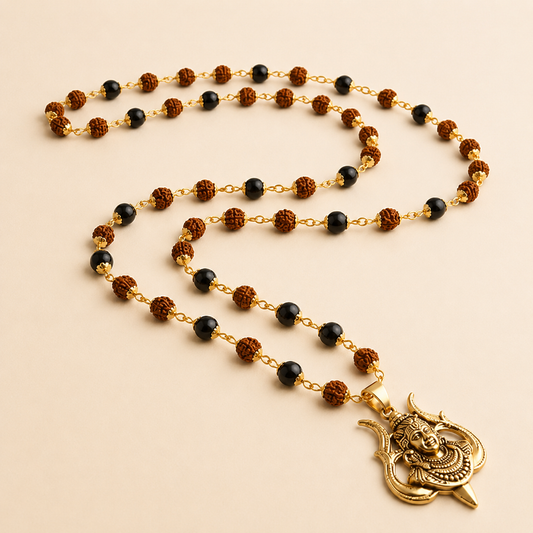 Rudraksha & Karungali Malai with Gold Cap Shiv Pendant