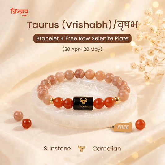 Taurus (वृषभ) Zodiac Bracelet with FREE Raw Selenite Plate