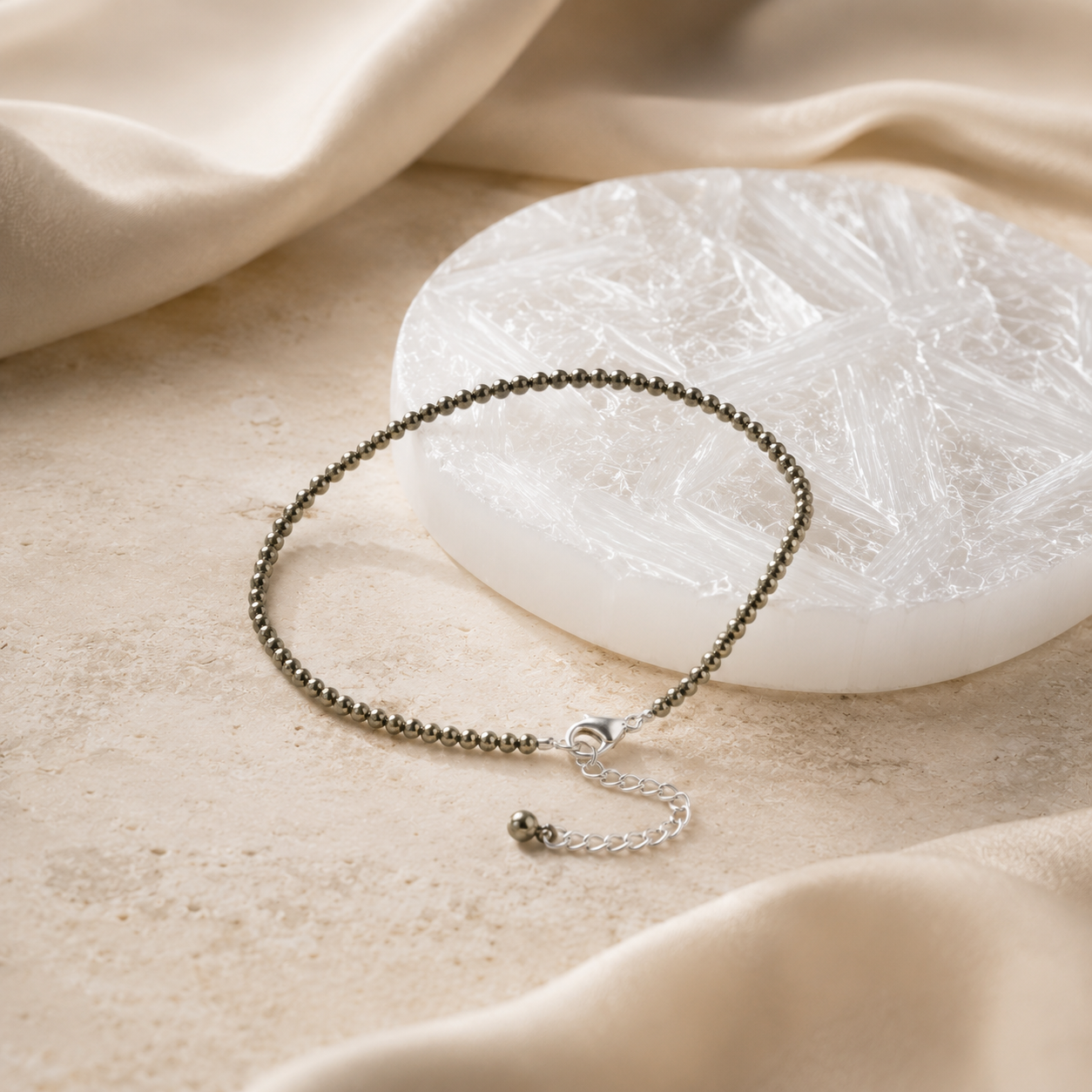 Raw Pyrite Anklet with Free Raw Selenite Plate