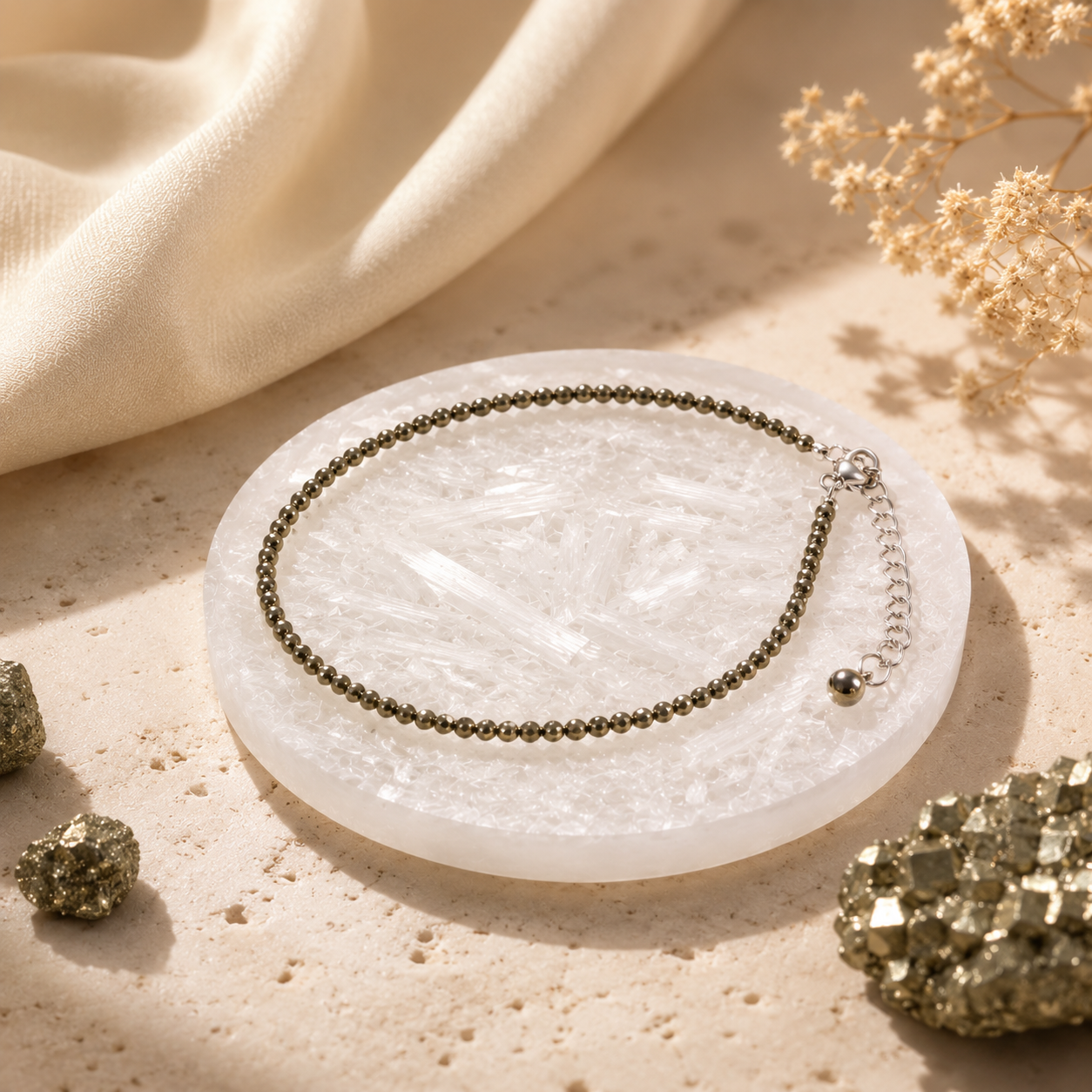 Raw Pyrite Anklet with Free Raw Selenite Plate