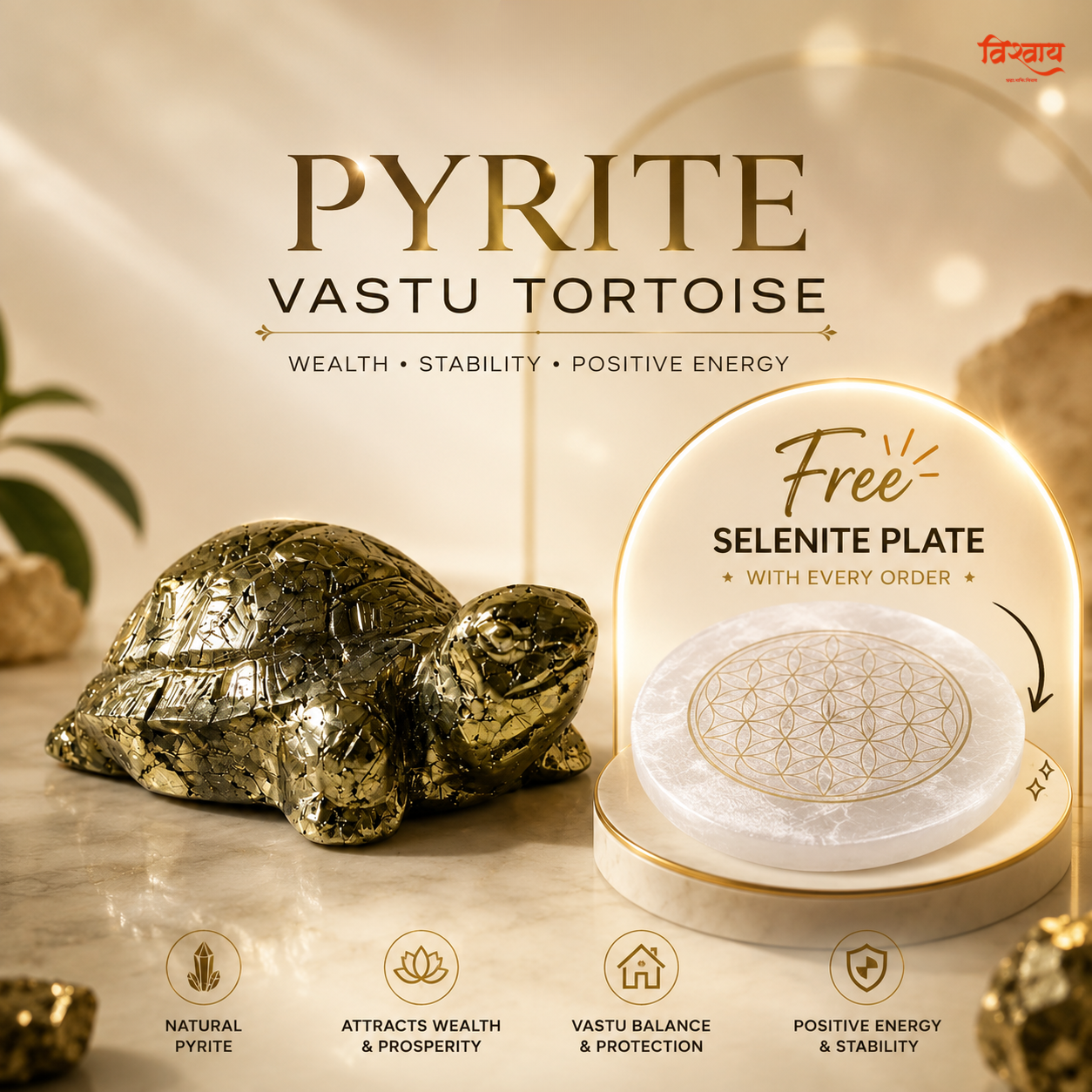 Vastu Pyrite Tortoise with Free Raw Selenite Plate