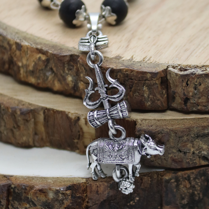 Silver Cap Karungali Mala with Shiv Nandi Pendant