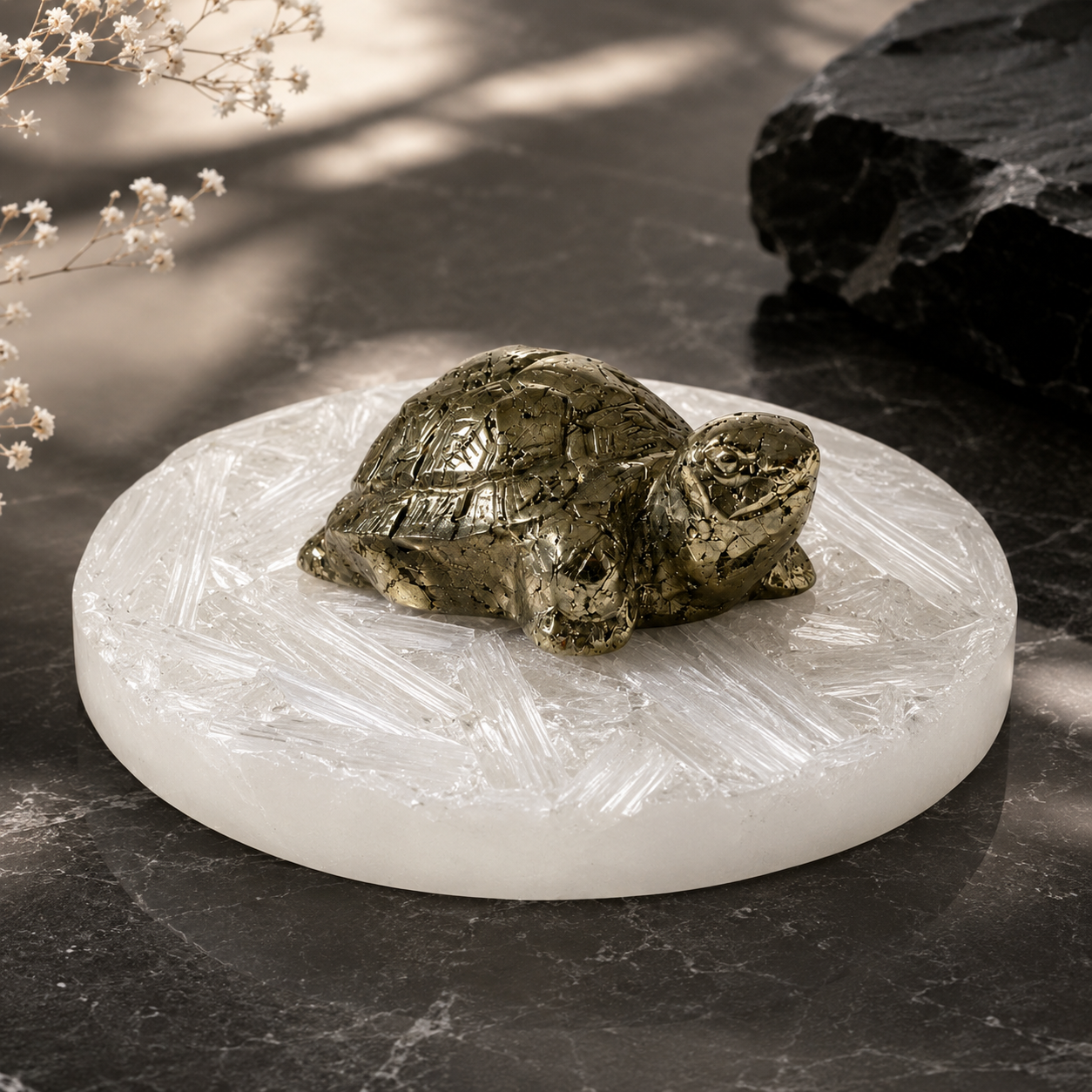 Vastu Pyrite Tortoise with Free Raw Selenite Plate