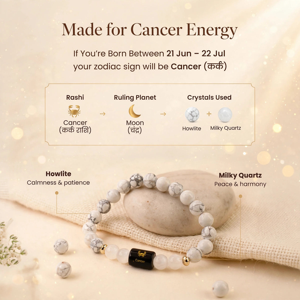 Cancer (कर्क) Zodiac Bracelet with FREE Raw Selenite Plate