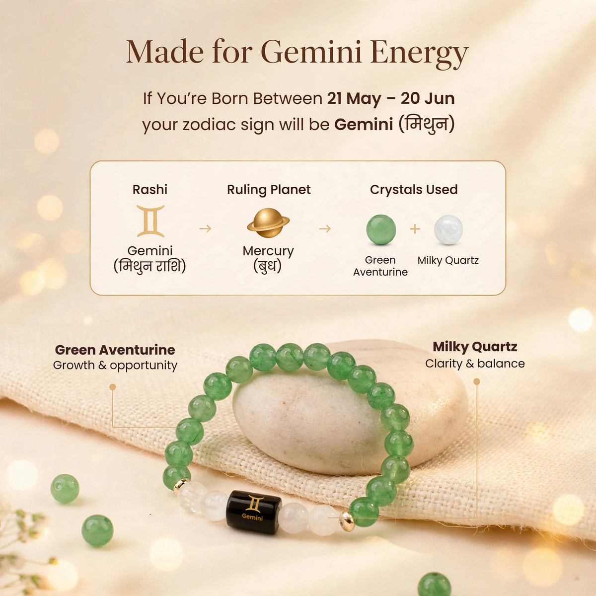 Gemini (मिथुन) Zodiac Bracelet with FREE Raw Selenite Plate