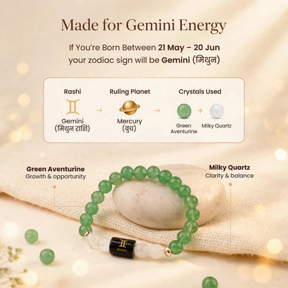 Gemini (मिथुन) Zodiac Bracelet with FREE Raw Selenite Plate