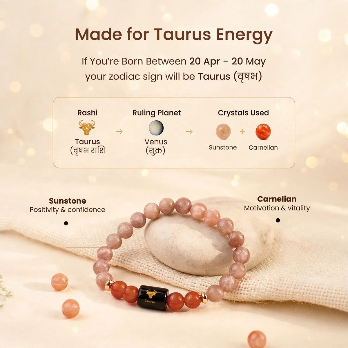 Taurus (वृषभ) Zodiac Bracelet with FREE Raw Selenite Plate