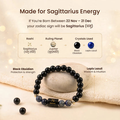 Sagittarius (धनु) Zodiac Bracelet with FREE Raw Selenite Plate