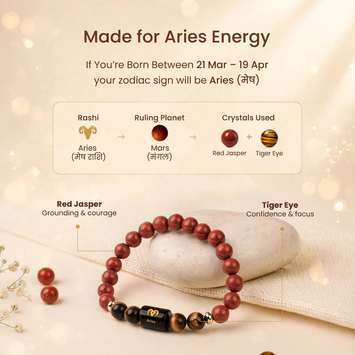 Aries (मेष) Zodiac Bracelet with FREE Raw Selenite Plate