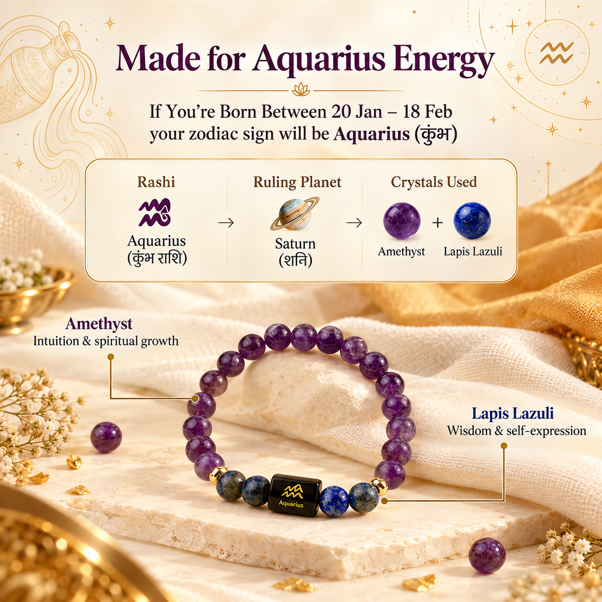 Aquarius (कुंभ) Zodiac Bracelet with FREE Raw Selenite Plate