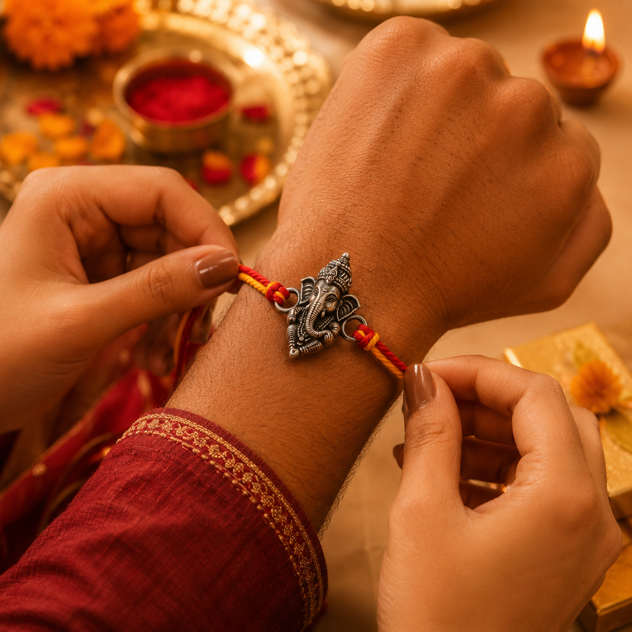 Vighnaharta Ganesha Rakhi – Silver-Tone Ganpati Charm