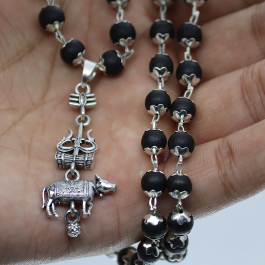 Silver Cap Karungali Mala with Shiv Nandi Pendant