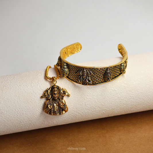 Golden Panchmukhi Hanuman Pendant with Golden Kada