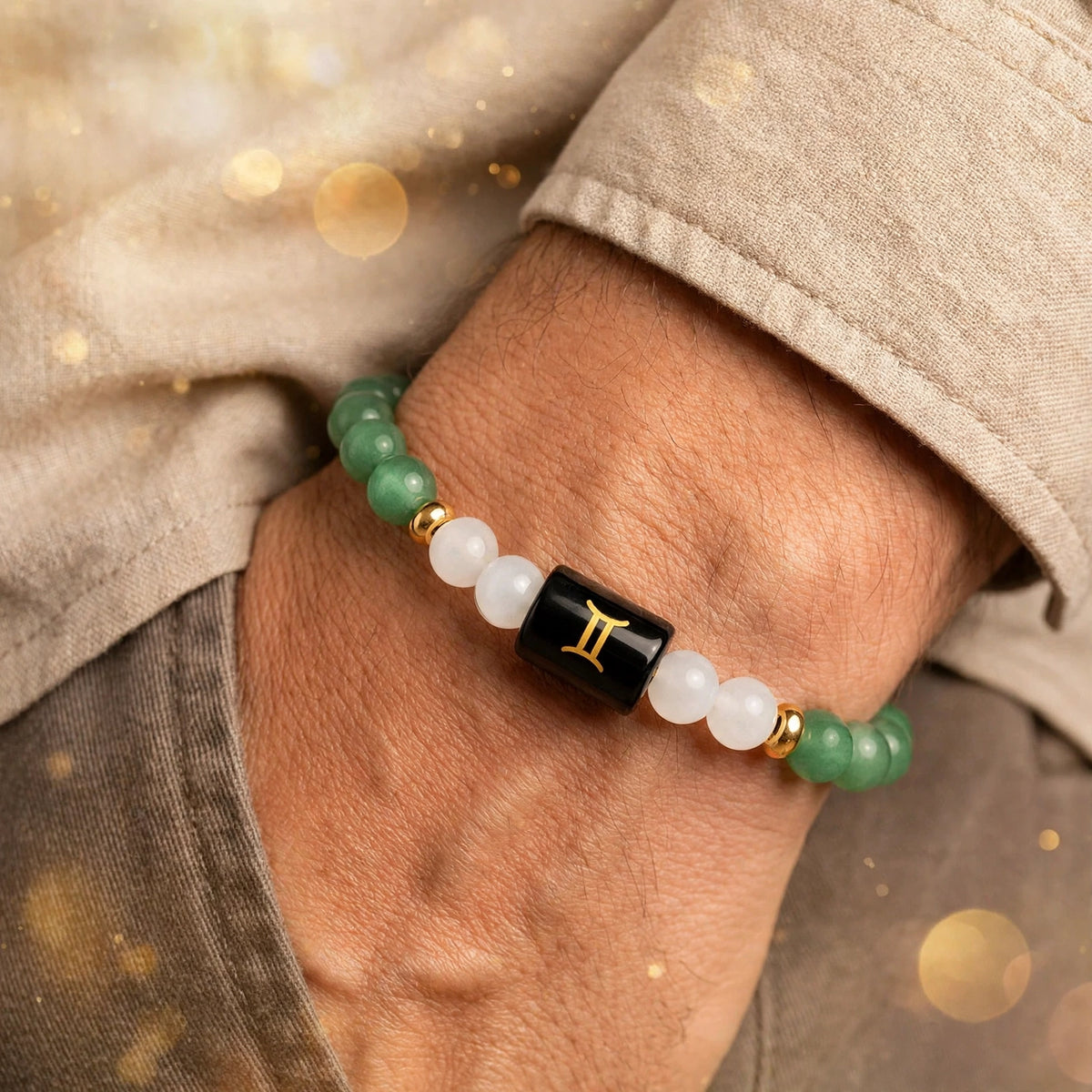 Gemini (मिथुन) Zodiac Bracelet with FREE Raw Selenite Plate