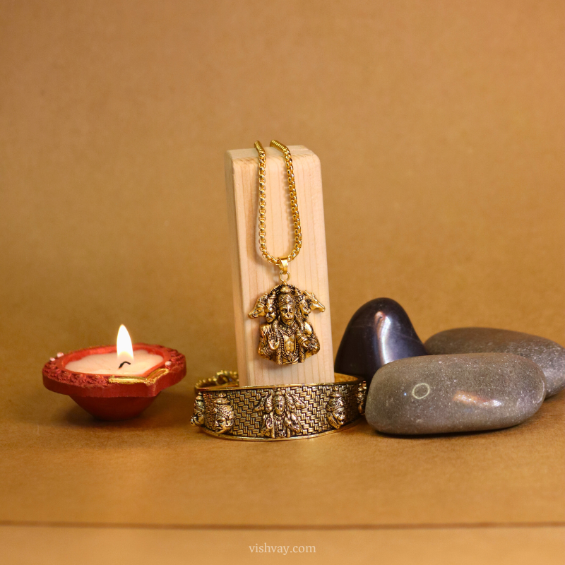 Golden Panchmukhi Hanuman Pendant with Golden Kada