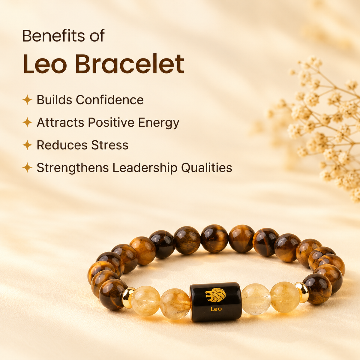 Leo (सिंह) Zodiac Bracelet with FREE Raw Selenite Plate