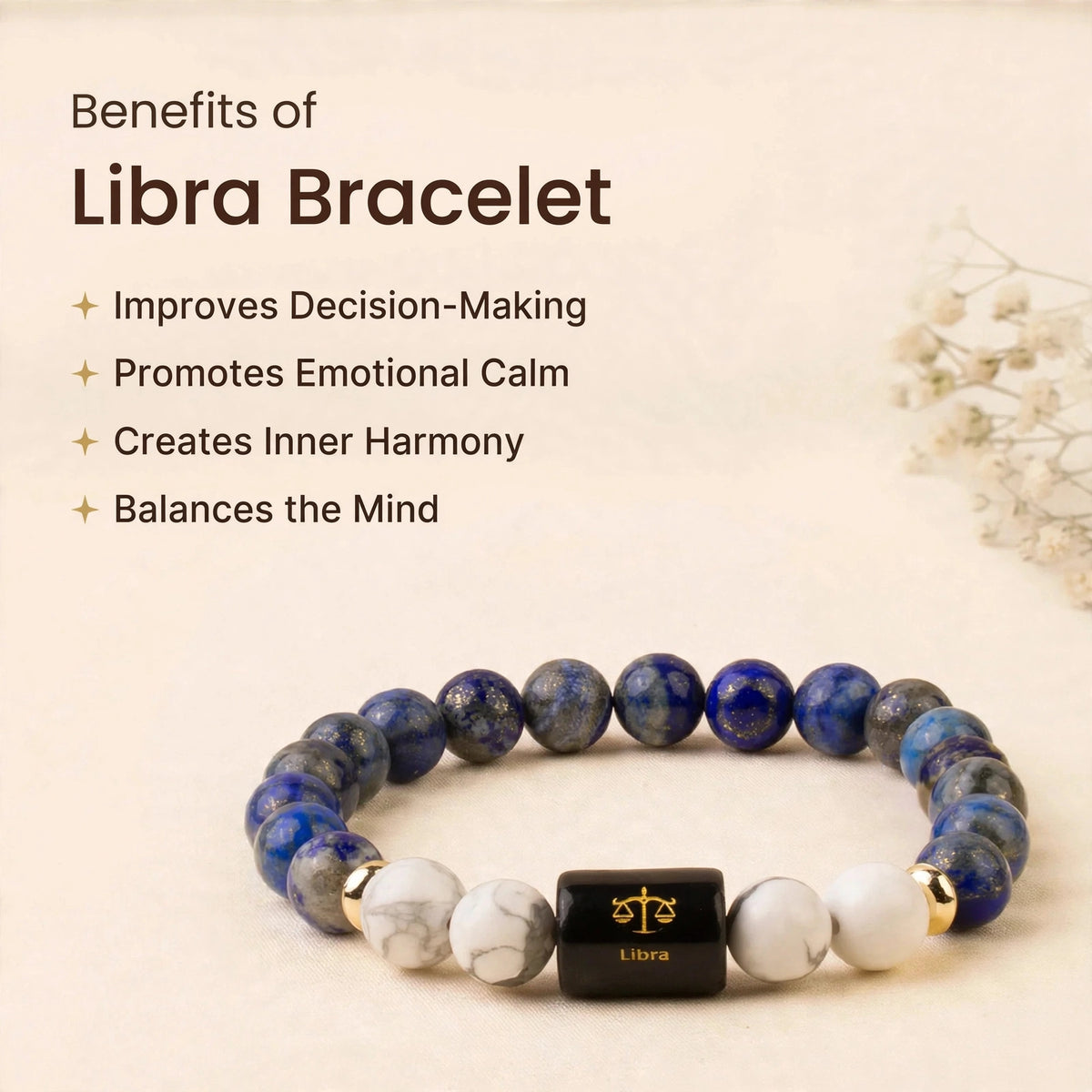 Libra (तुला) Zodiac Bracelet with FREE Raw Selenite Plate