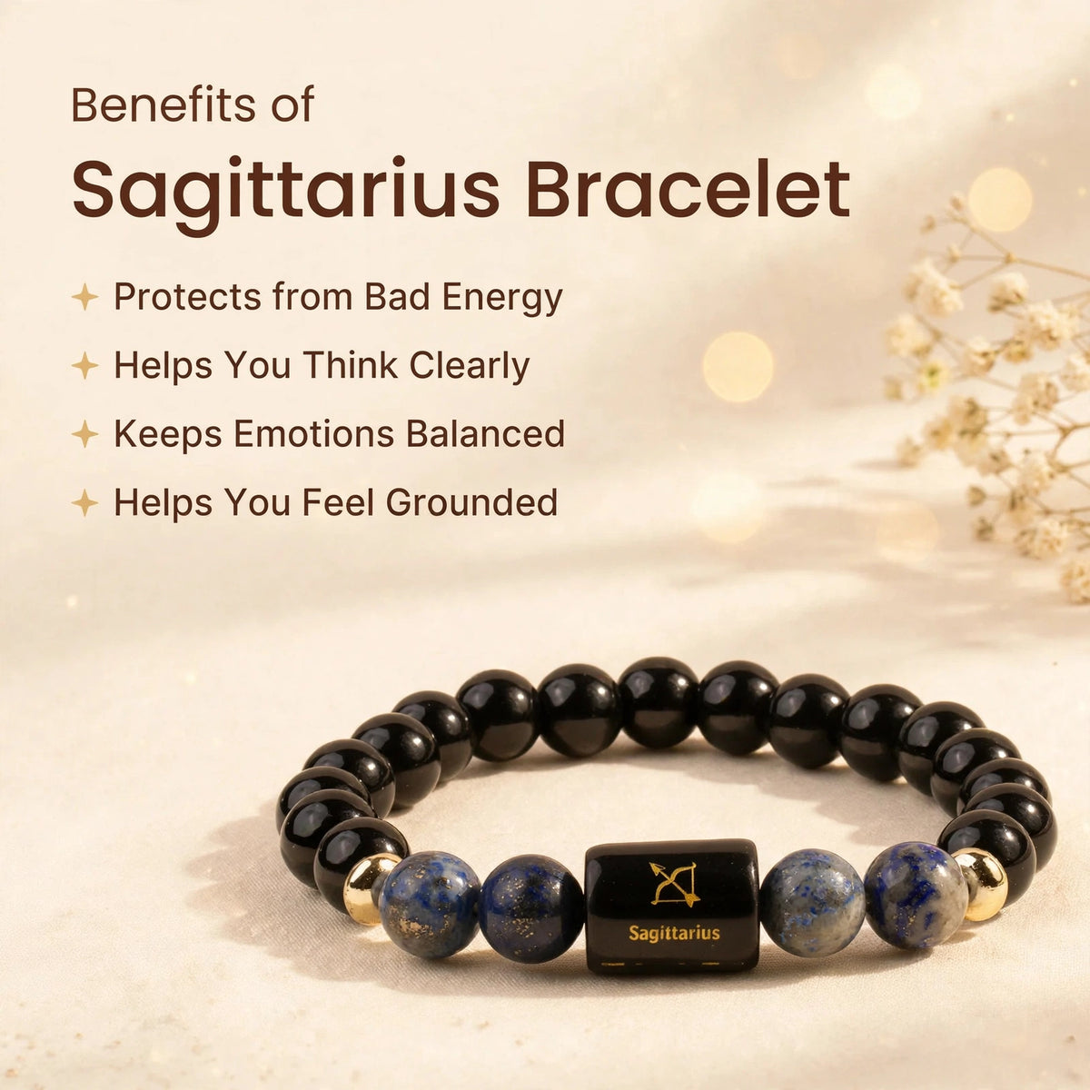 Sagittarius (धनु) Zodiac Bracelet with FREE Raw Selenite Plate