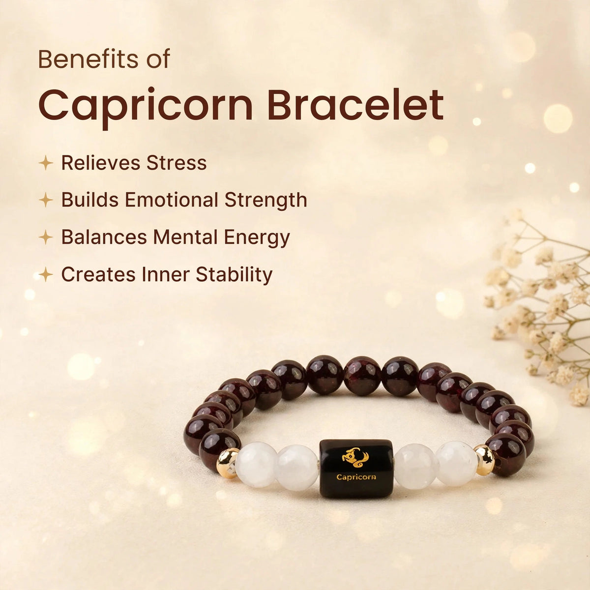 Capricorn (मकर) Zodiac Bracelet with FREE Raw Selenite Plate