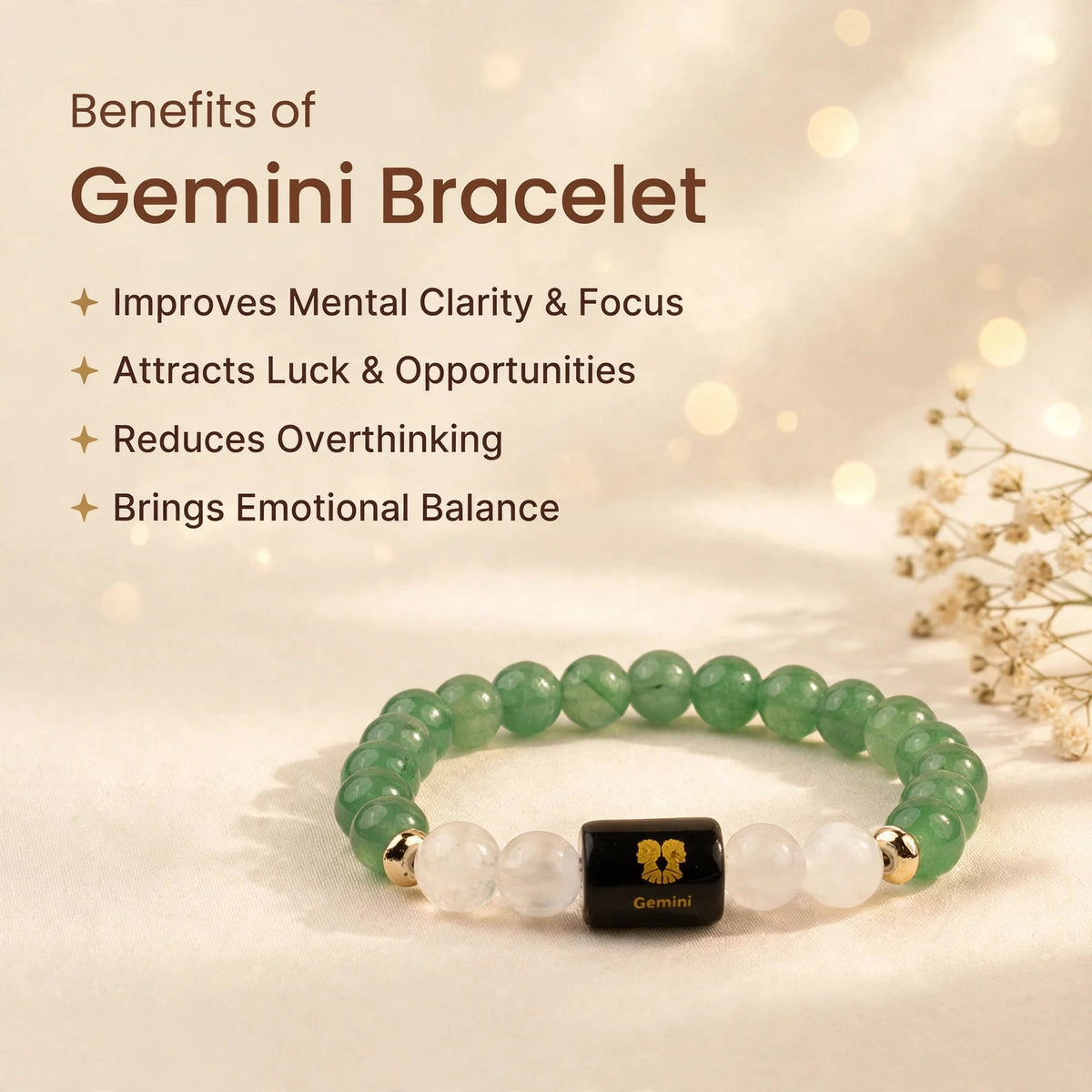 Gemini (मिथुन) Zodiac Bracelet with FREE Raw Selenite Plate