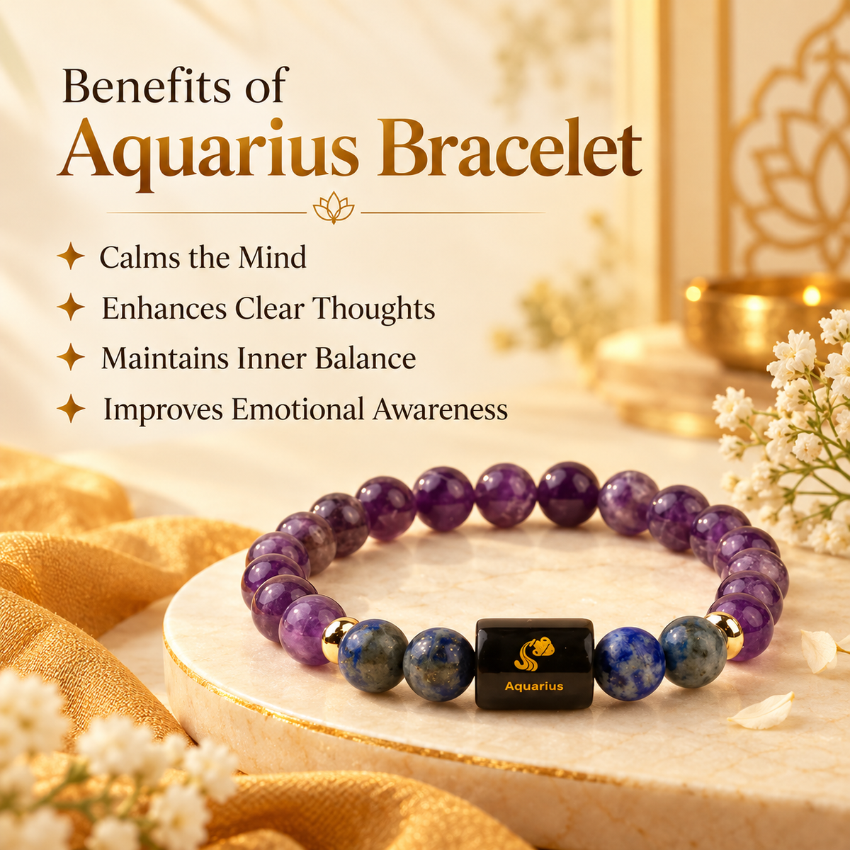 Aquarius (कुंभ) Zodiac Bracelet with FREE Raw Selenite Plate