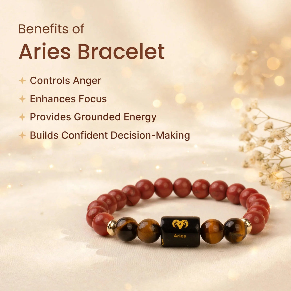 Aries (मेष) Zodiac Bracelet with FREE Raw Selenite Plate