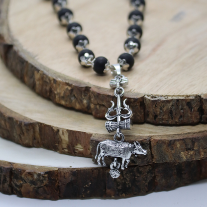 Silver Cap Karungali Mala with Shiv Nandi Pendant
