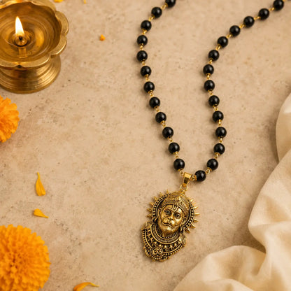 Gold Plated Karungali Hanuman Necklace – Certified Ebony Wood Beads Mala