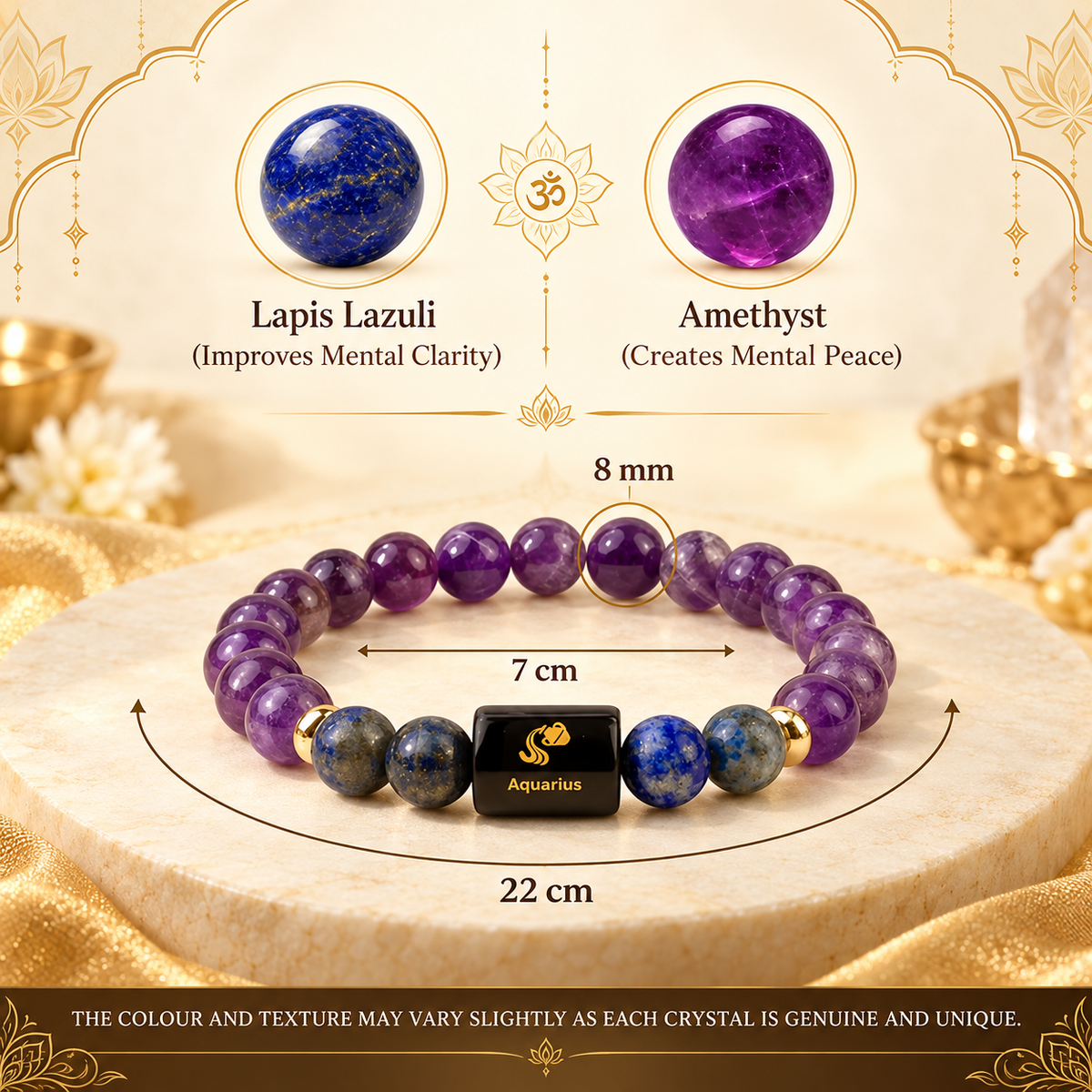 Aquarius (कुंभ) Zodiac Bracelet with FREE Raw Selenite Plate