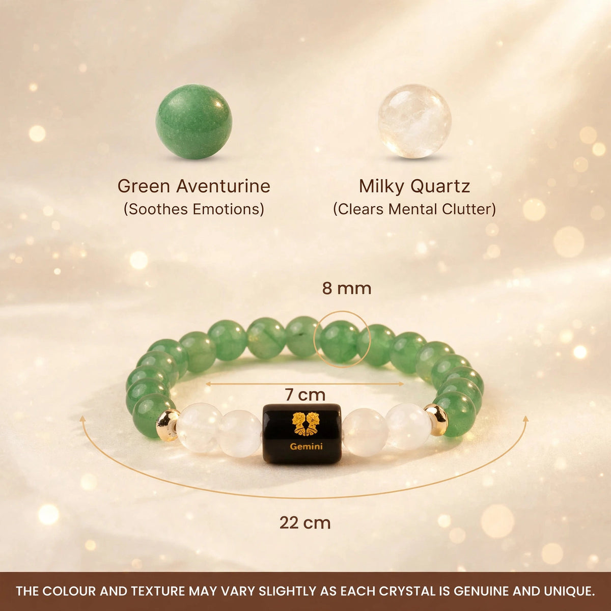 Gemini (मिथुन) Zodiac Bracelet with FREE Raw Selenite Plate