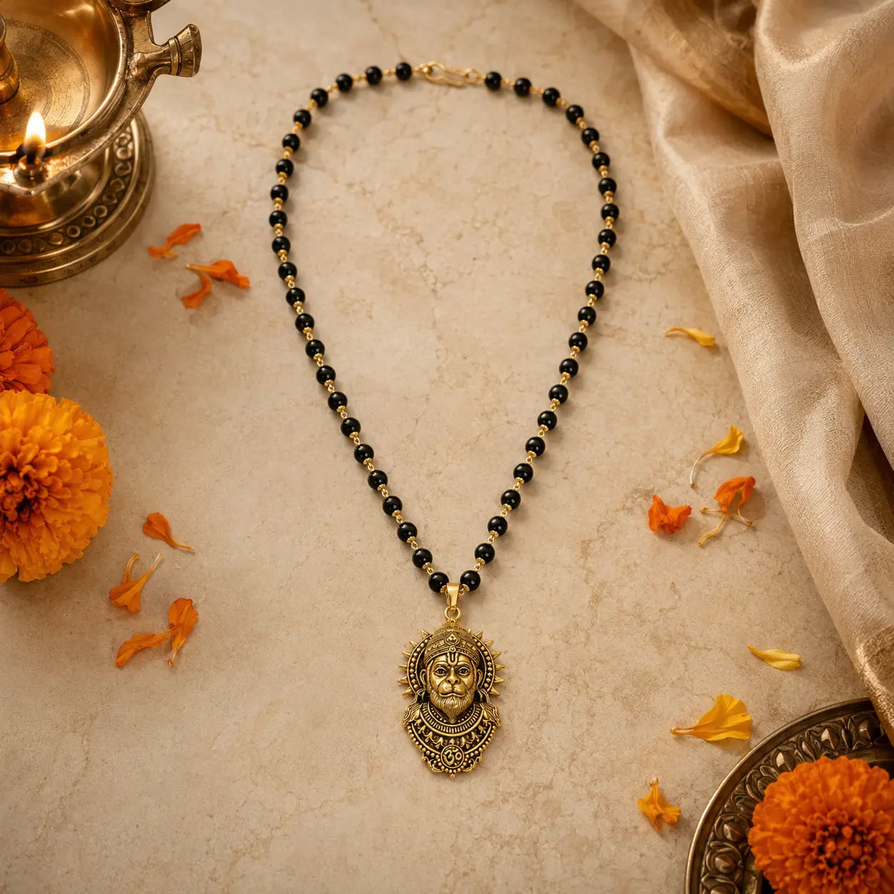 Gold Plated Karungali Hanuman Necklace – Certified Ebony Wood Beads Mala