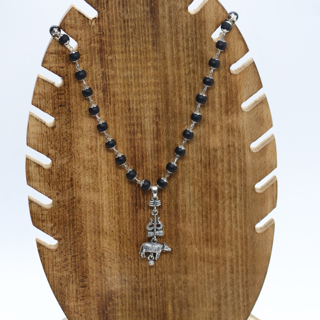 Silver Cap Karungali Mala with Shiv Nandi Pendant