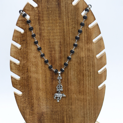 Silver Cap Karungali Mala with Shiv Nandi Pendant