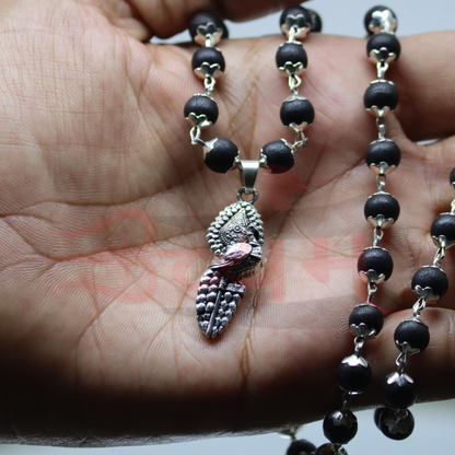 Silver Plated Karungali Mala with Lord Subrahmanya Pendant