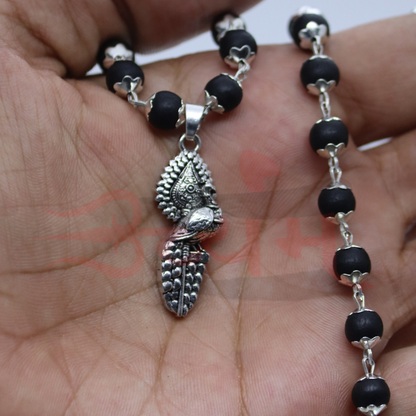 Silver Plated Karungali Mala with Lord Subrahmanya Pendant