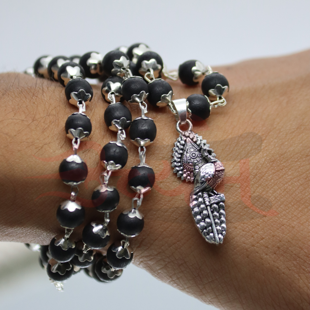 Silver Plated Karungali Mala with Lord Subrahmanya Pendant