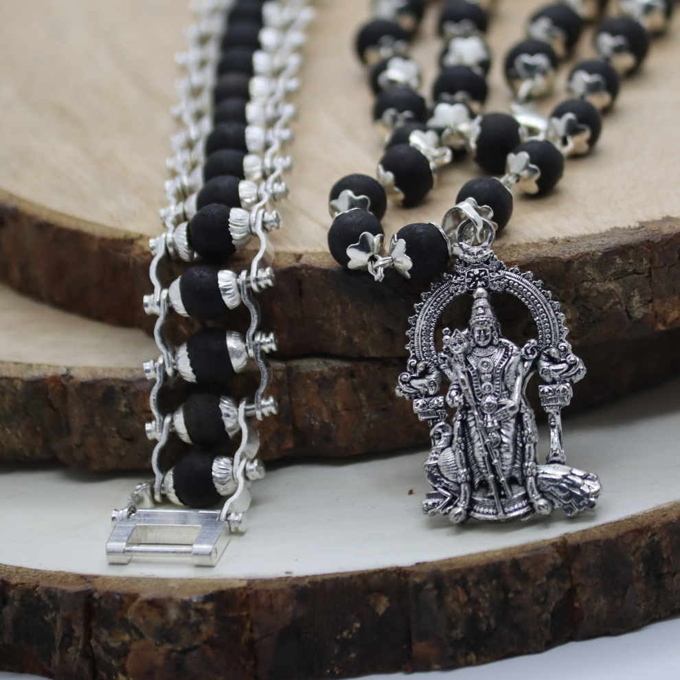 Silver Karungali Bracelet & Mala with Murugan Pendant