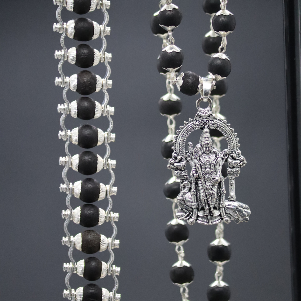 Silver Karungali Bracelet & Mala with Murugan Pendant