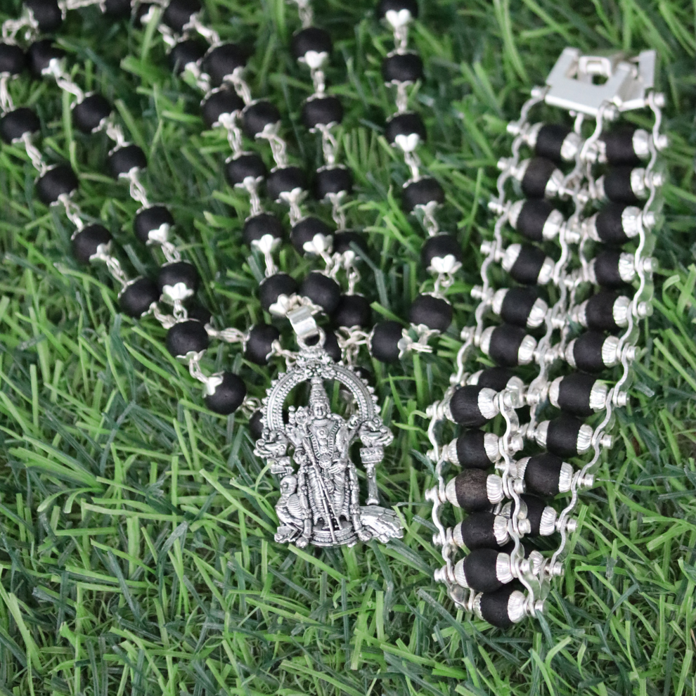 Silver Karungali Bracelet & Mala with Murugan Pendant