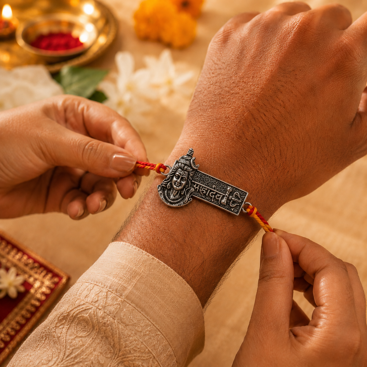 Mahadev Raksha Rakhi – Silver-Tone Mahadev Charm