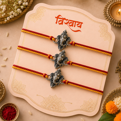 Vighnaharta Ganesha Rakhi – Silver-Tone Ganpati Charm