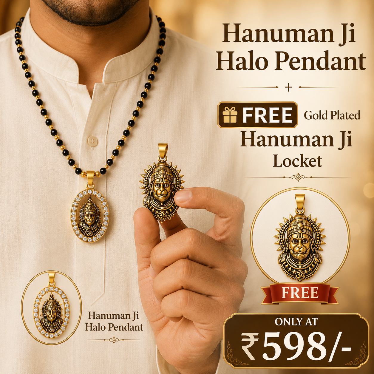 Hanuman Ji Halo Pendant in Original Karungali Wood