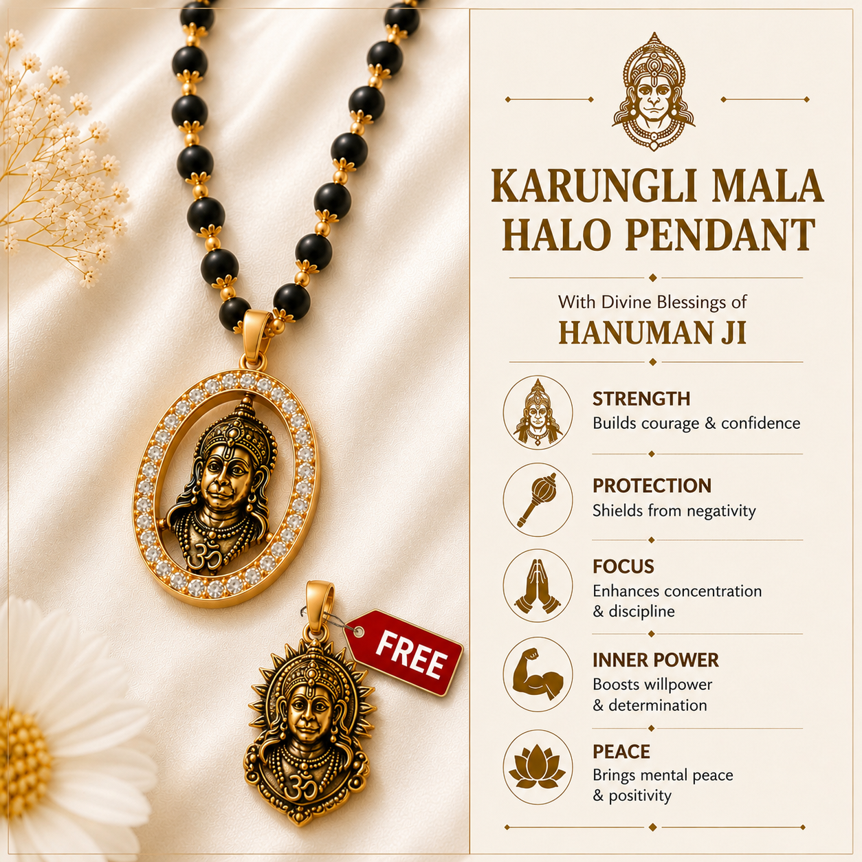 Hanuman Ji Halo Pendant in Original Karungali Wood