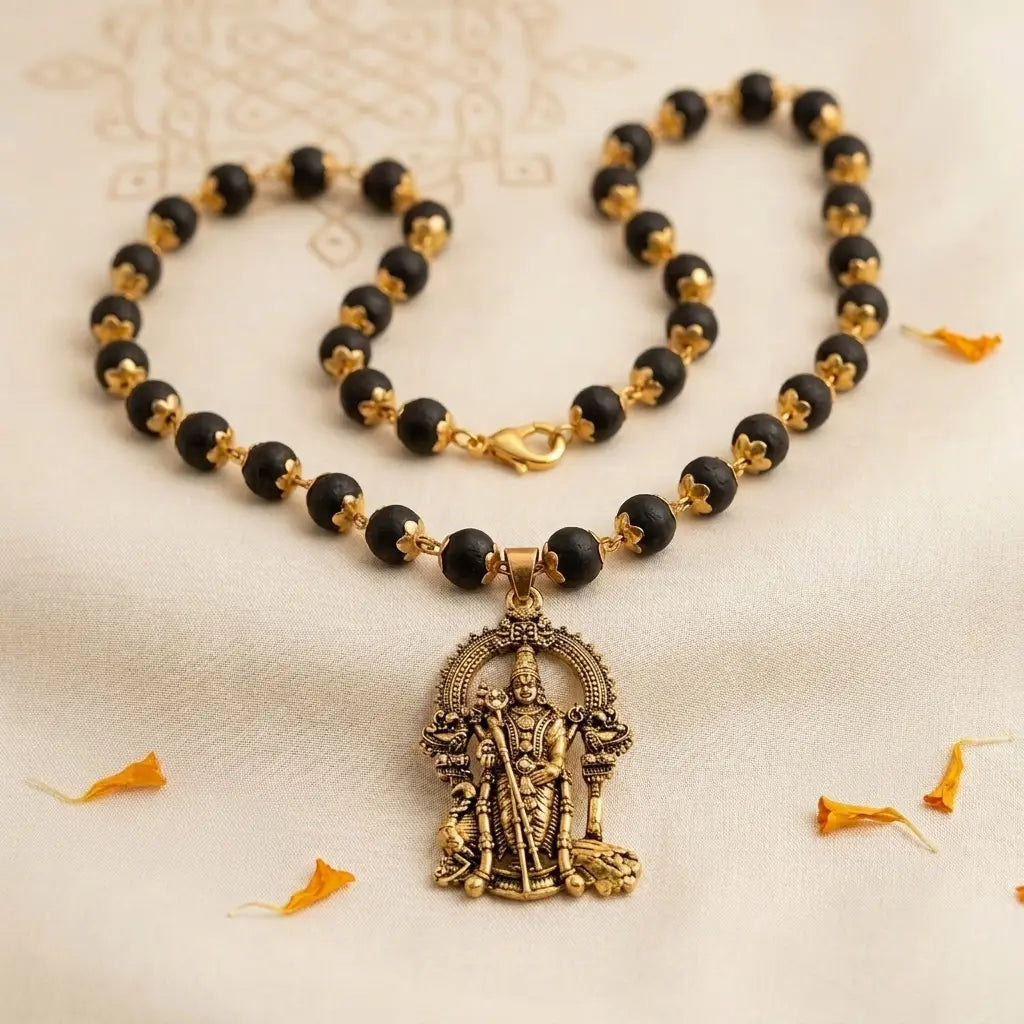 Gold Plated Karungali Mala with Murugan Pendant | Strength in Every Bead