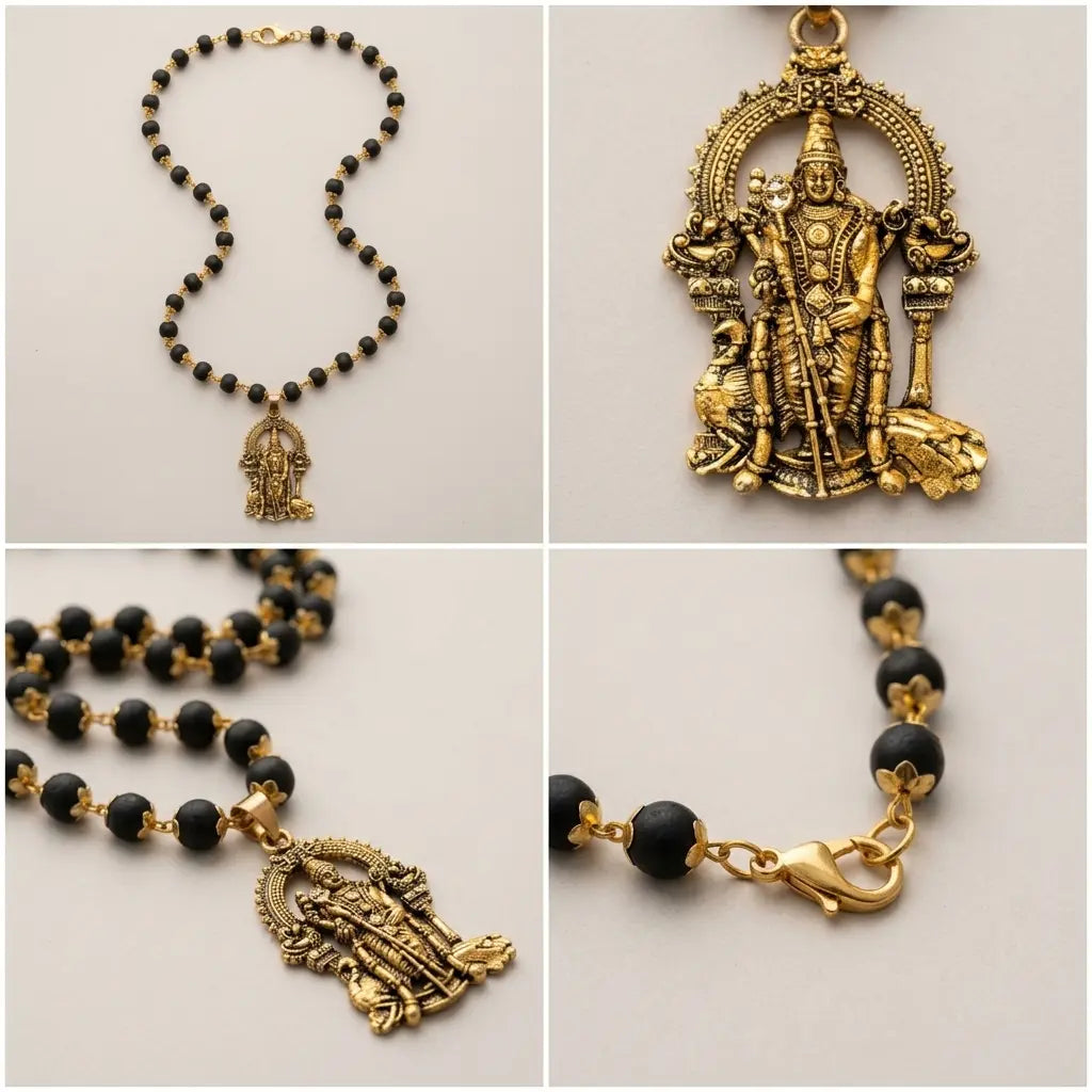 Gold Plated Karungali Mala with Murugan Pendant | Strength in Every Bead