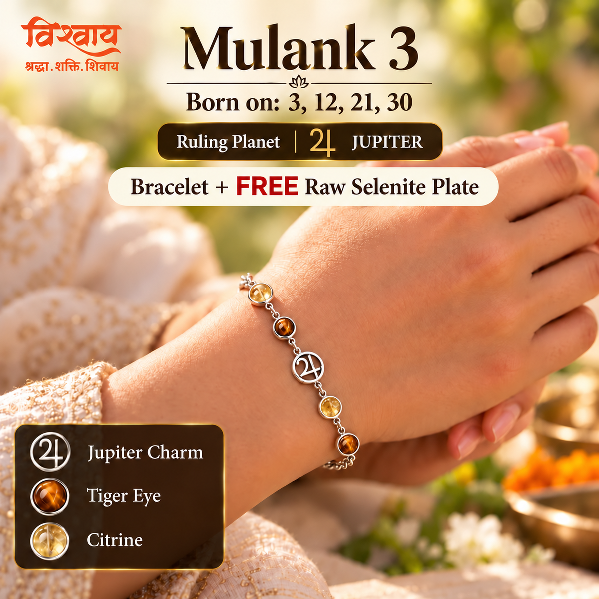 Mulank 3 Jupiter Crystal Bracelet with FREE Raw Selenite Plate